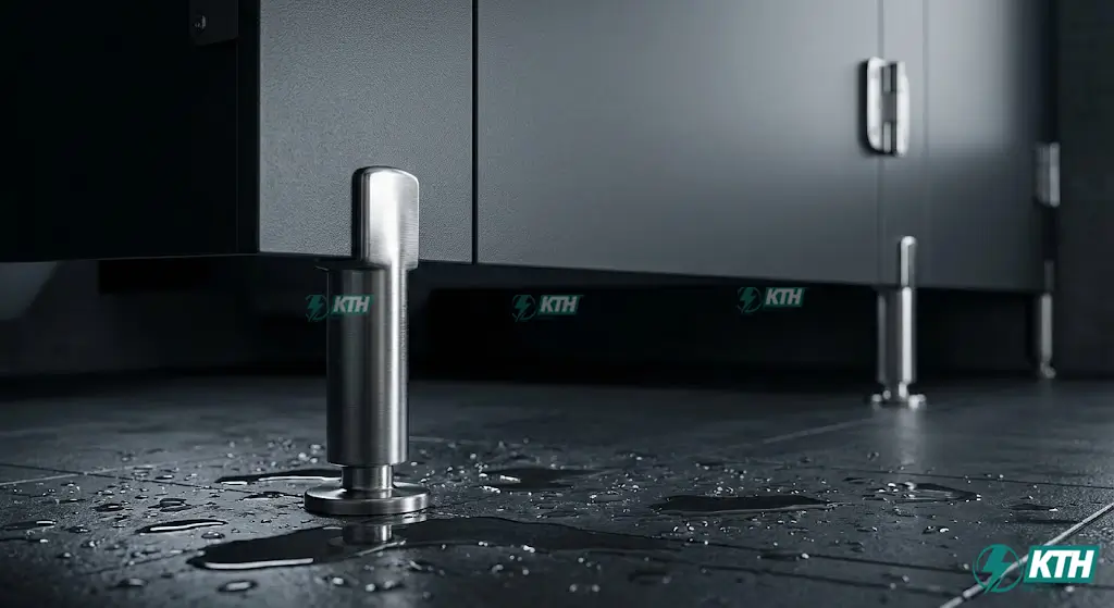 Chân vách ngăn vệ sinh Inox 304 chống rỉ sét và chịu nước tuyệt đối trong môi trường nhà máy ẩm ướt.