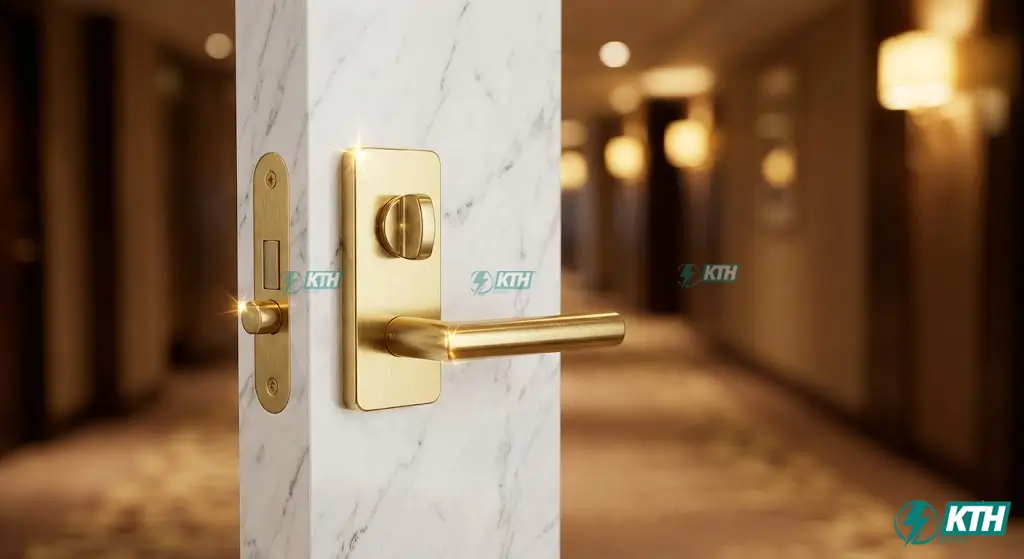 Bộ phụ kiện vách ngăn vệ sinh Hafele mạ vàng xước (Brushed Gold) đẳng cấp cho khách sạn 5 sao.