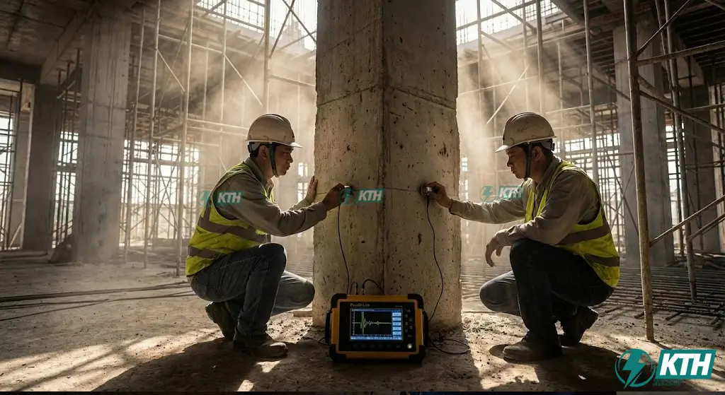 Phương pháp đo vận tốc xung siêu âm xuyên qua (Direct transmission) để đánh giá độ đồng nhất và cường độ bê tông cột.