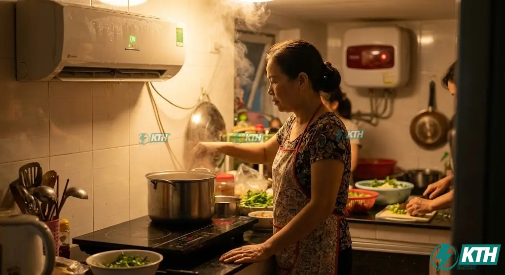 Aptomat Thỉnh Thoảng Bị Nhảy: 4 Nguyên Nhân & Cách Xử Lý (2026) 2 Bật nhiều thiết bị điện công suất lớn cùng lúc như bếp từ và điều hòa gây quá tải dòng điện khiến aptomat bị nhảy.