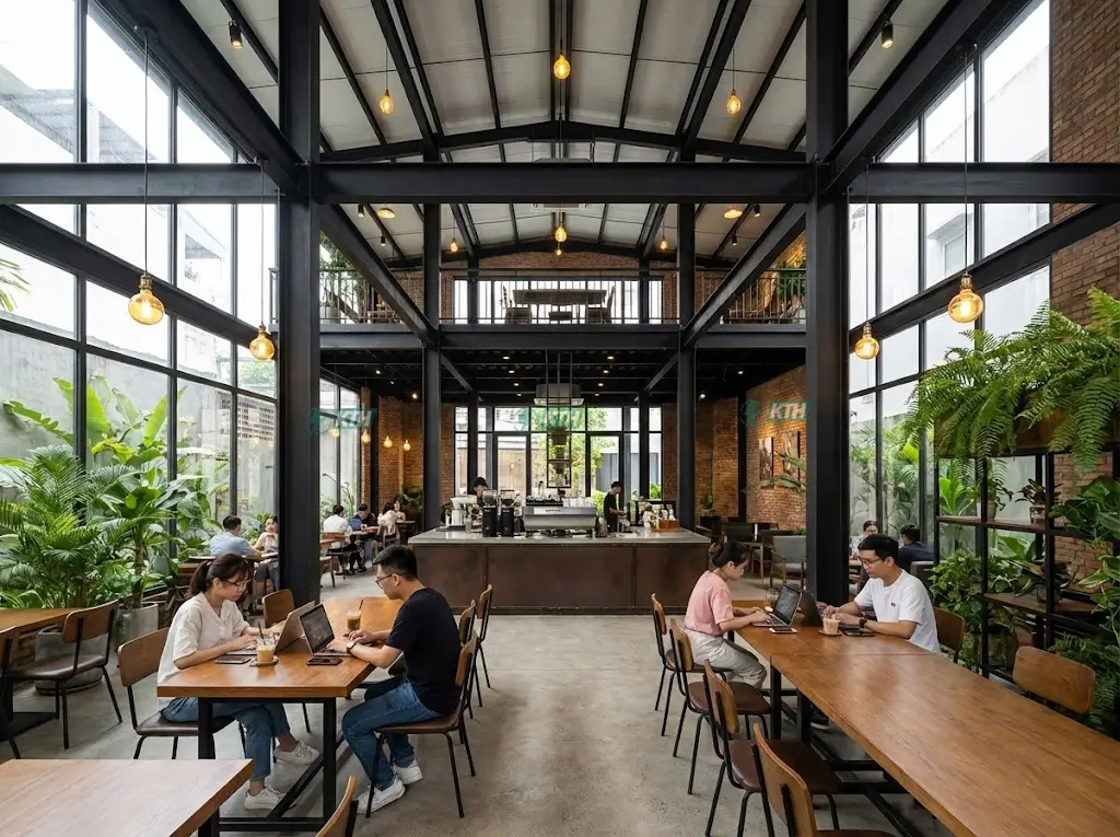 Mẫu thiết kế quán cafe khung thép tiền chế 2 tầng phong cách Industrial đẹp và hiện đại.