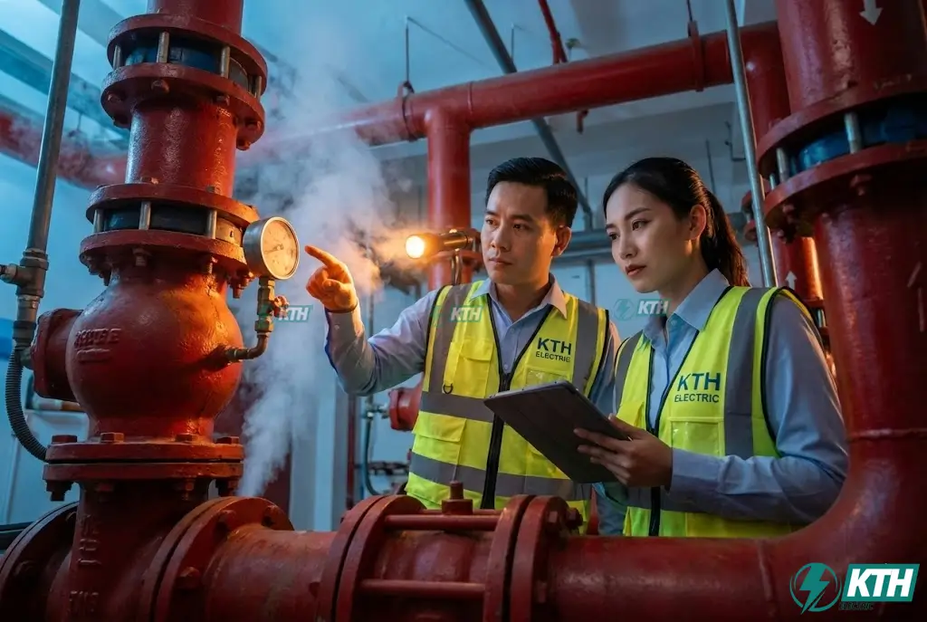 Kỹ sư KTH Electric đang nghiệm thu hệ thống bơm chữa cháy và đường ống cứu hỏa theo quy chuẩn QCVN 06:2022/BXD và QCVN 10:2026/BCA.