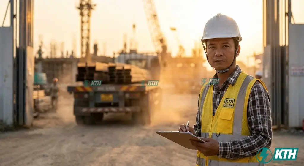 Kỹ sư giám sát kiểm tra quy định lấy mẫu thí nghiệm vật liệu xây dựng theo QCVN 16:2023/BXD tại cổng công trình.