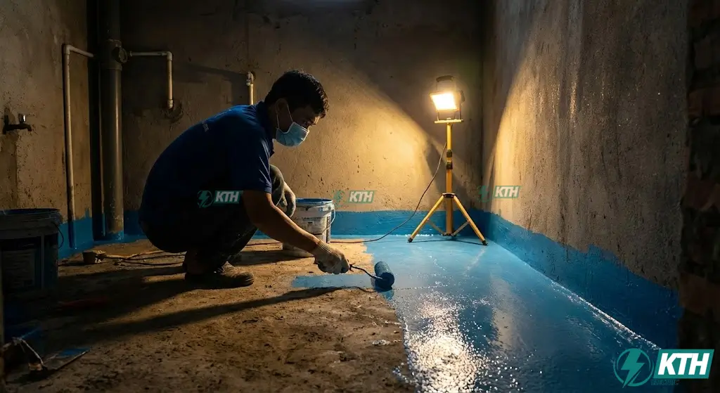 Quy trình quét chống thấm sàn nhà vệ sinh và chân tường 2 lớp kỹ càng trước khi cán nền ốp lát gạch để tránh thấm nước.