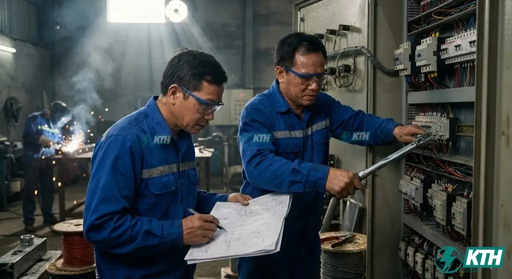 Tủ Điện Hạ Thế Là Gì? Cấu Tạo, Phân Loại & Tiêu Chuẩn Mới 2026 4 Đội ngũ kỹ thuật viên KTH Electric đang thi công lắp đặt tủ điện hạ thế theo quy trình chuẩn.