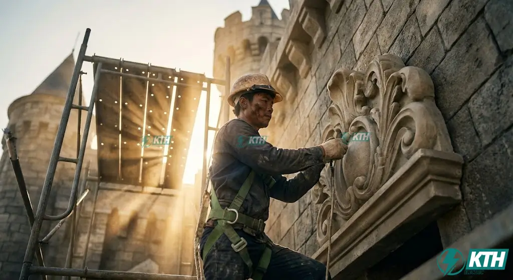 Quy trình thi công đắp phào chỉ xi măng ngoại thất cao tầng với hệ thống giàn giáo an toàn tuyệt đối.