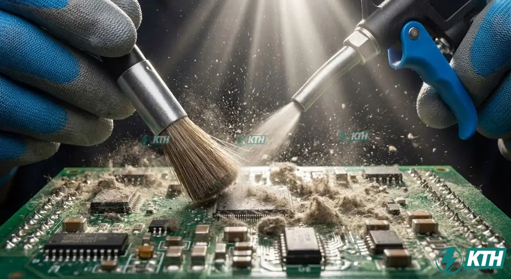 Quy trình vệ sinh bảo dưỡng biến tần loại bỏ bụi bẩn trên bo mạch điều khiển để tránh cháy nổ.