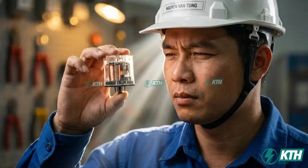 Kỹ sư điện kiểm tra cấu tạo cuộn hút bên trong rơ le trung gian (relay kiếng) chính hãng Omron tại xưởng.