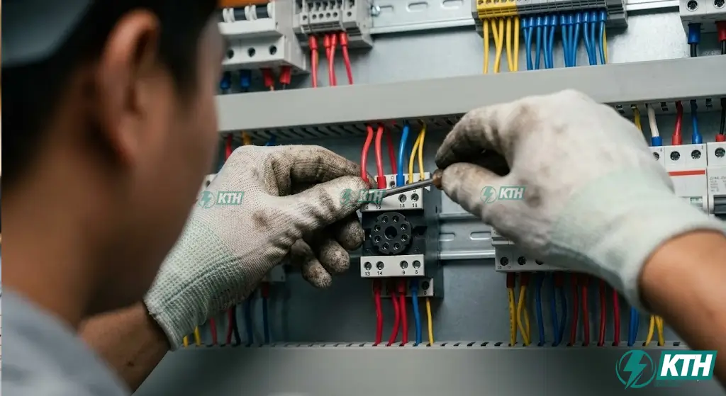 Hướng dẫn cách đấu dây rơ le trung gian 8 chân vào đế socket trong tủ điện điều khiển công nghiệp.