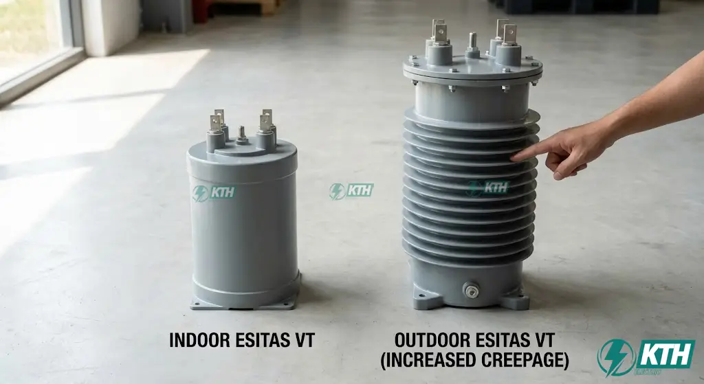 So sánh sự khác biệt giữa biến điện áp Esitas trong nhà và ngoài trời dùng cho lưới điện 24kV.