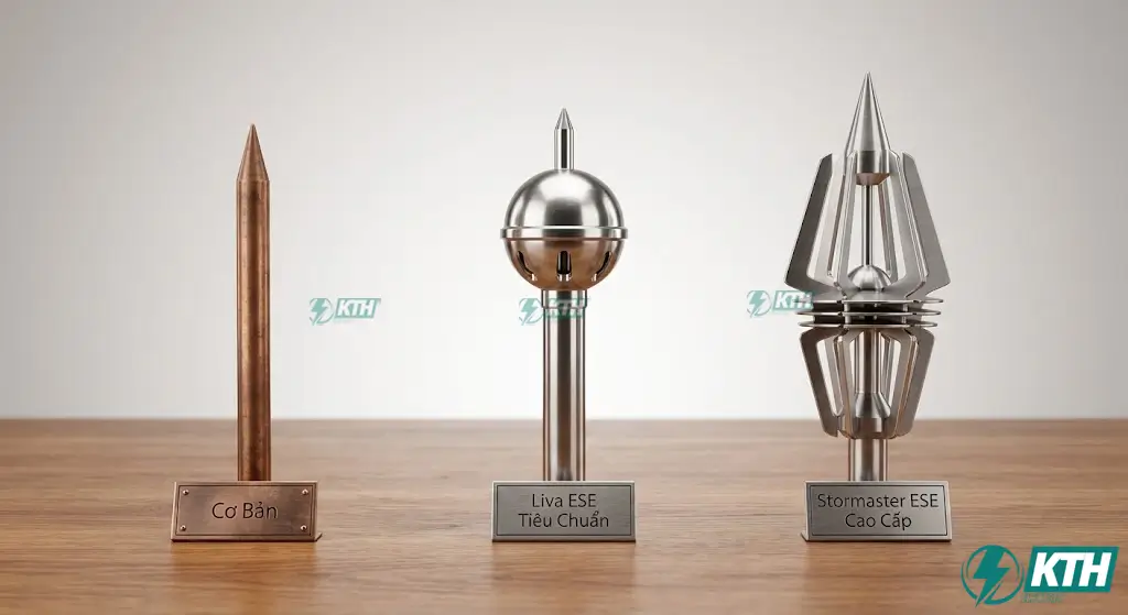 Báo Giá Thi Công Chống Sét Trọn Gói 2026 – Chỉ Từ 3.5 Triệu 2 So sánh kim thu sét cổ điển bằng đồng và kim thu sét tia tiên đạo ESE Liva, Stormaster