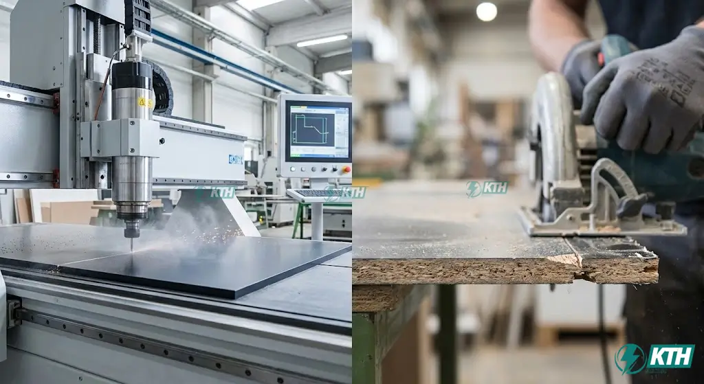 So sánh mép cắt tấm Compact HPL bằng máy CNC tự động (mịn đẹp) và cắt tay (răng cưa).