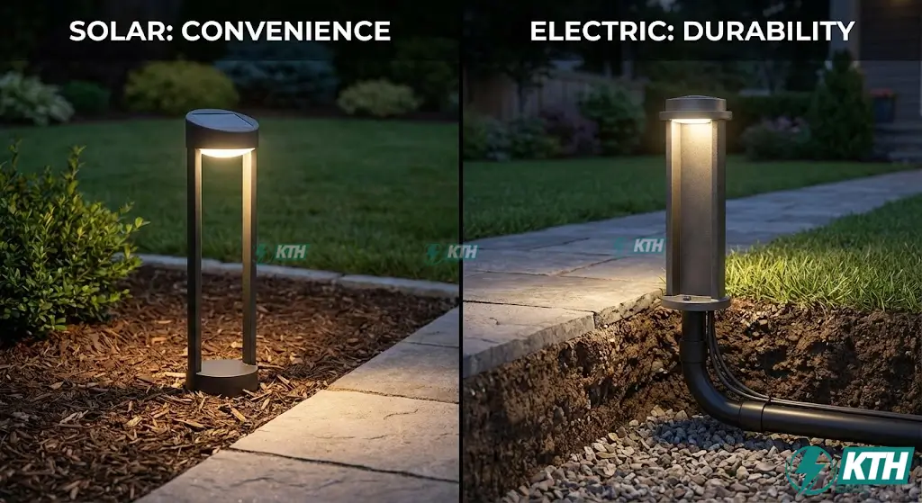 So sánh ưu nhược điểm giữa đèn năng lượng mặt trời và đèn led sân vườn dùng điện lưới 12V/24V.