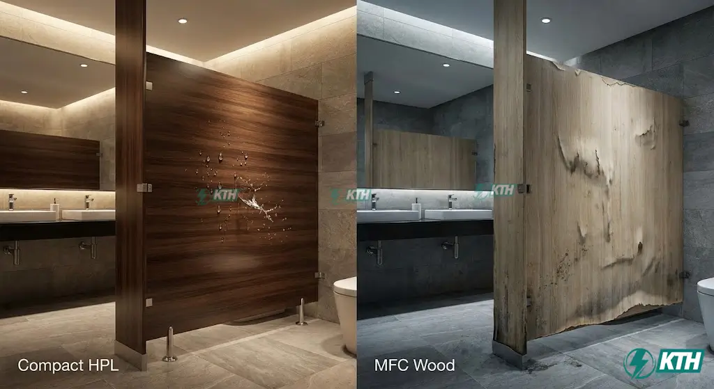 So sánh độ bền vách ngăn vệ sinh Compact HPL chịu nước và gỗ MFC chống ẩm bị hư hại.