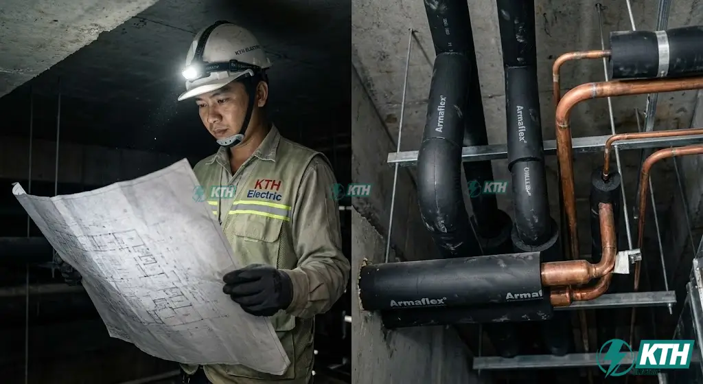 So sánh hệ thống đường ống nước lạnh của Chiller (bọc cách nhiệt đen) và đường ống gas đồng của hệ thống VRV/VRF.