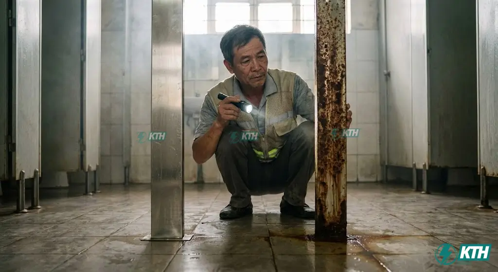 So sánh thực tế chân vách ngăn Inox 304 sáng bóng và Inox 201 bị rỉ sét nặng trong nhà vệ sinh công cộng.