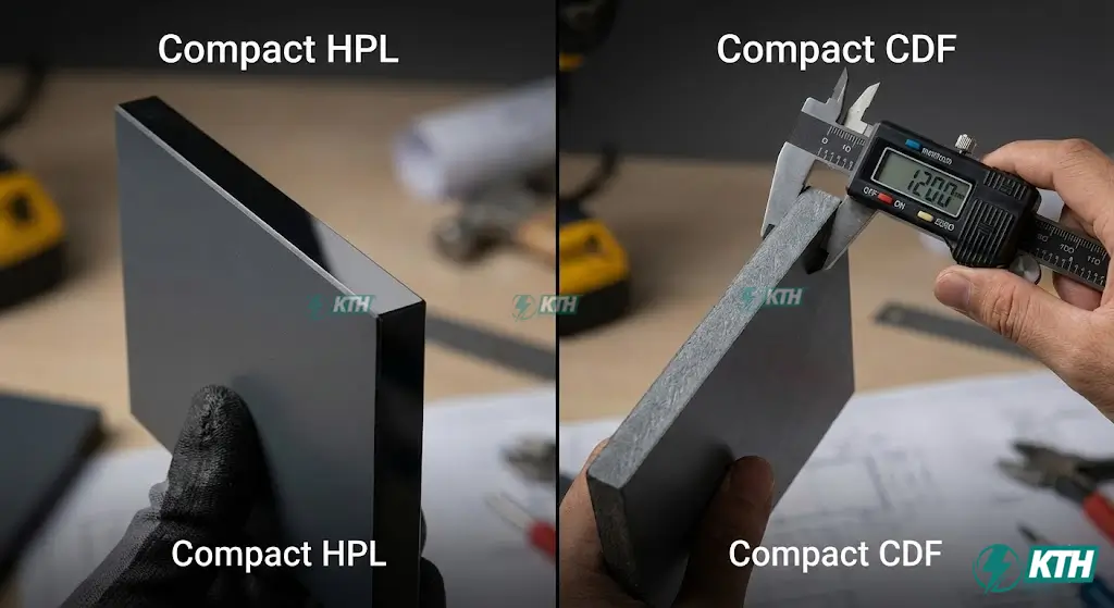 Cách phân biệt tấm Compact HPL chuẩn và tấm Compact CDF giá rẻ qua màu sắc mép cắt.