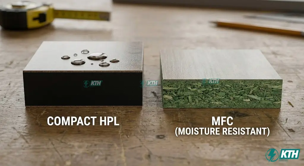 So sánh mặt cắt tấm Compact HPL lõi đặc đen chịu nước 100% và tấm gỗ MFC lõi xanh chống ẩm để phân biệt vật liệu vách ngăn.