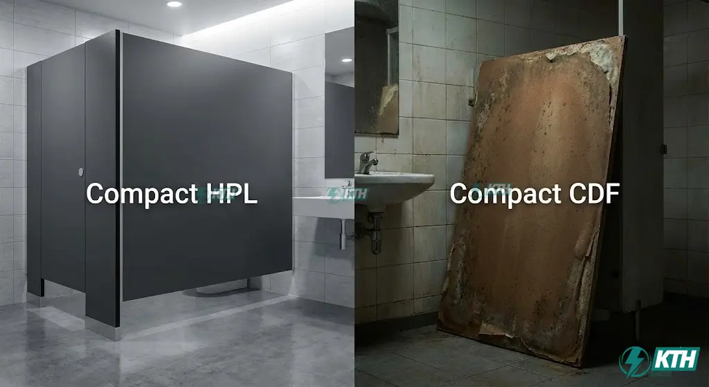 So sánh chi tiết vách ngăn vệ sinh Compact HPL chịu nước và tấm CDF giá rẻ bị nở khi gặp nước.