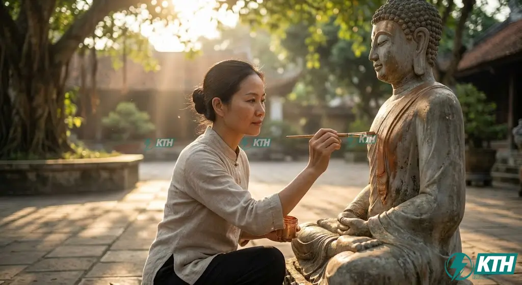 Sơn tượng Phật xi măng màu giả đồng bền đẹp và chống thấm.