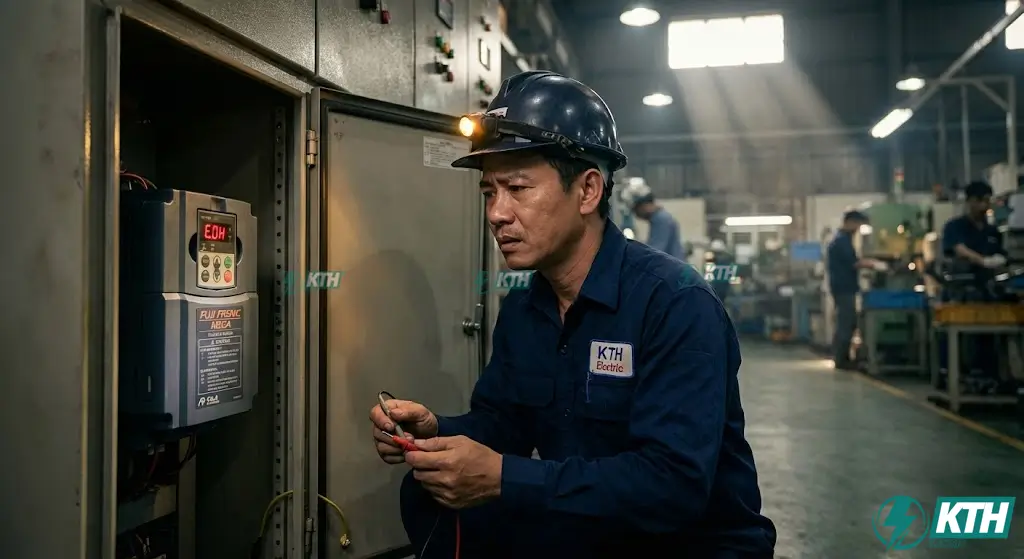 Kỹ thuật viên KTH Electric đang kiểm tra bảng mã lỗi biến tần Fuji Frenic Mega báo lỗi đỏ tại tủ điện công nghiệp.