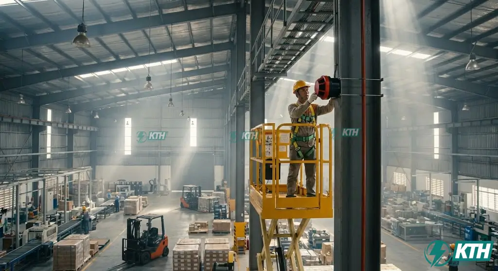 Sửa chữa đầu báo cháy tia chiếu (Beam) cho nhà xưởng trần cao, kỹ thuật căn chỉnh tia hồng ngoại tránh lỗi do rung lắc kết cấu.