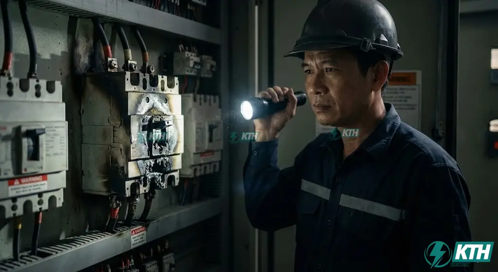Kỹ sư điện kiểm tra tiếp điểm cầu dao bị cháy đen và hư hỏng do phóng hồ quang điện gây ngắn mạch.