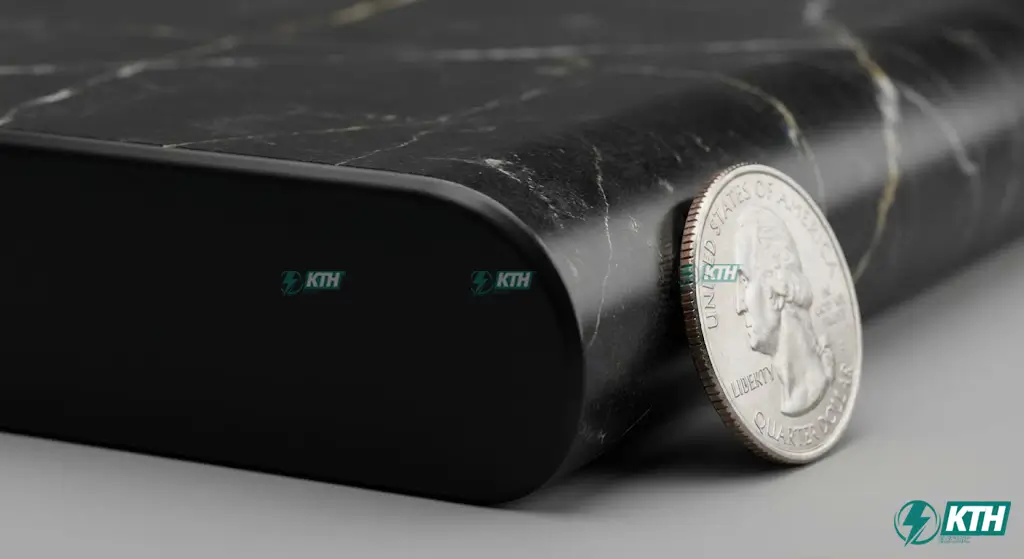 Cận cảnh tấm Compact HPL dày 18mm vân đá đen được bo cạnh CNC tròn mịn an toàn và thẩm mỹ.