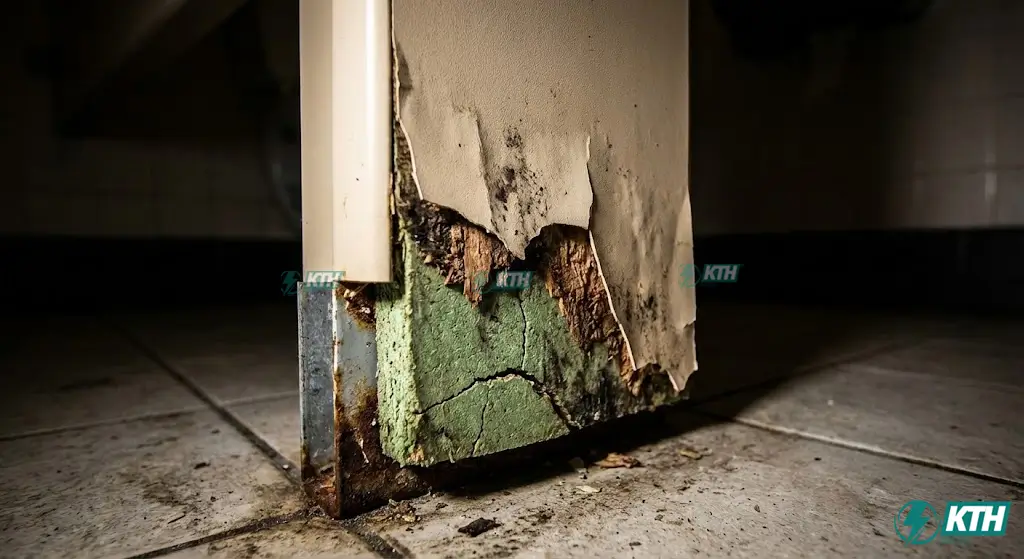 Hình ảnh thực tế vách ngăn gỗ MFC bị nở chân và bong tróc do ngấm nước lâu ngày.