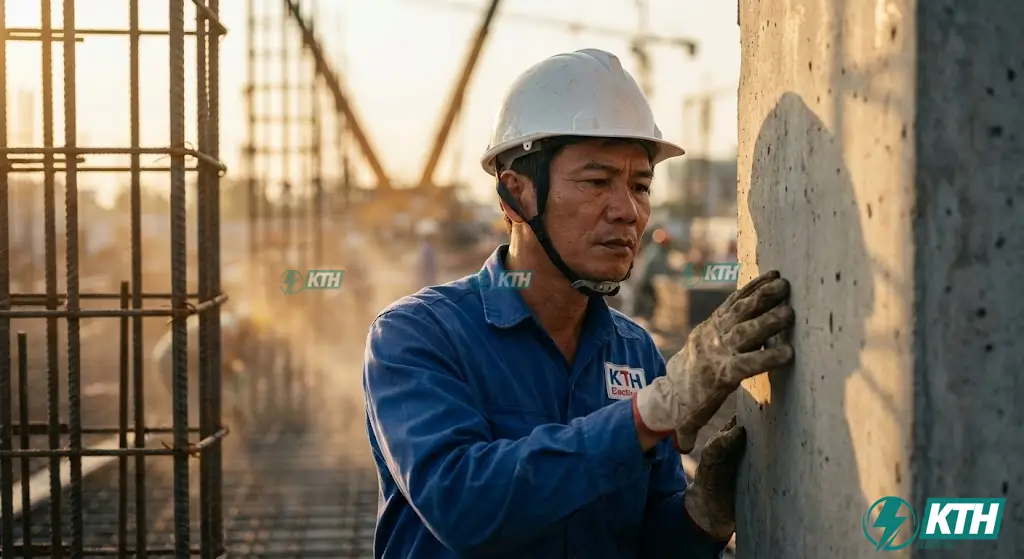 Kỹ sư xây dựng Việt Nam đang kiểm tra vết nứt bê tông và cốt liệu theo tiêu chuẩn TCVN 7570:2006 tại công trình.