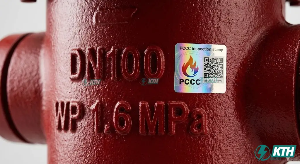 Tem kiểm định PCCC và thông số đúc nổi trên thân trụ chữa cháy gang cầu chính hãng.