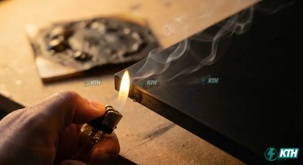 Kiểm tra khả năng chống cháy của tấm Compact HPL bằng bật lửa.