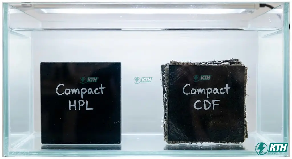 Thí nghiệm ngâm nước tấm Compact: CDF bị nở cạnh sau 24h, HPL nguyên vẹn.
