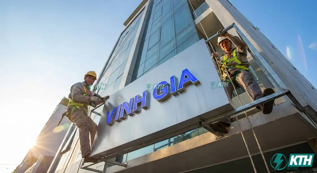 Thợ thi công bảng hiệu quảng cáo giá rẻ tại TPHCM lắp đặt khung sắt mạ kẽm và bạt Hiflex an toàn.