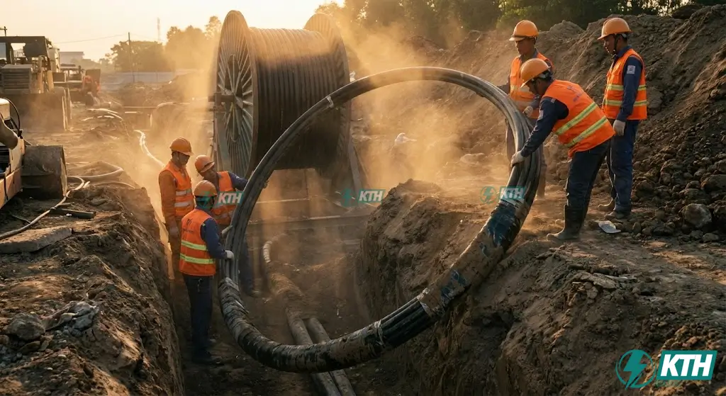 Thi công cáp điện ngầm DSTA có giáp bảo vệ chôn trực tiếp trong đất tại công trình.