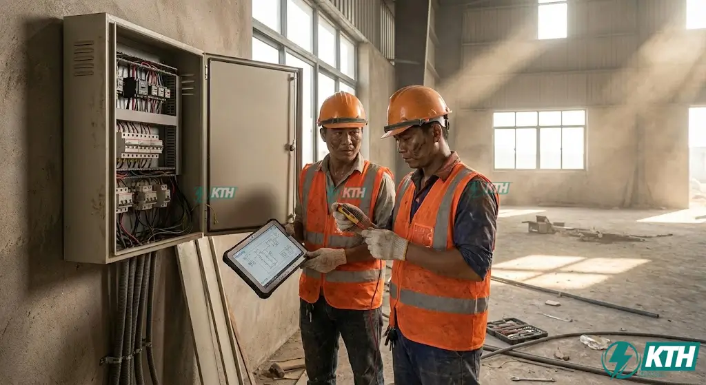 Thi công lắp đặt và đấu nối tủ điện phân phối DB dựa trên sơ đồ đơn tuyến đã được thẩm duyệt PCCC.