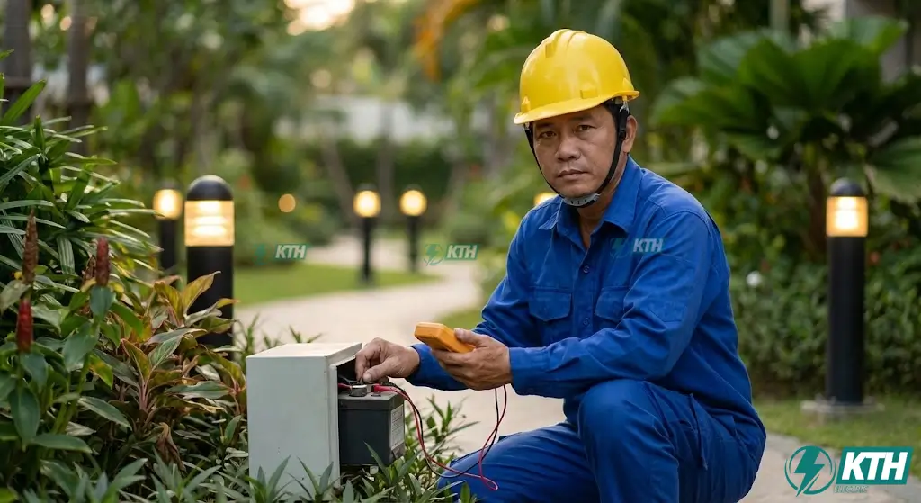 Kỹ thuật viên KTH Electric đang kiểm tra an toàn điện cho hệ thống đèn sân vườn 12V tại TP Hồ Chí Minh.
