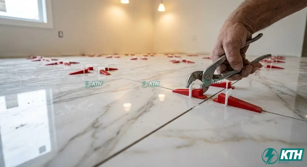 Thi công ốp lát gạch khổ lớn sử dụng hệ thống ke cân bằng và nêm (Leveling System) chống chớp gạch.