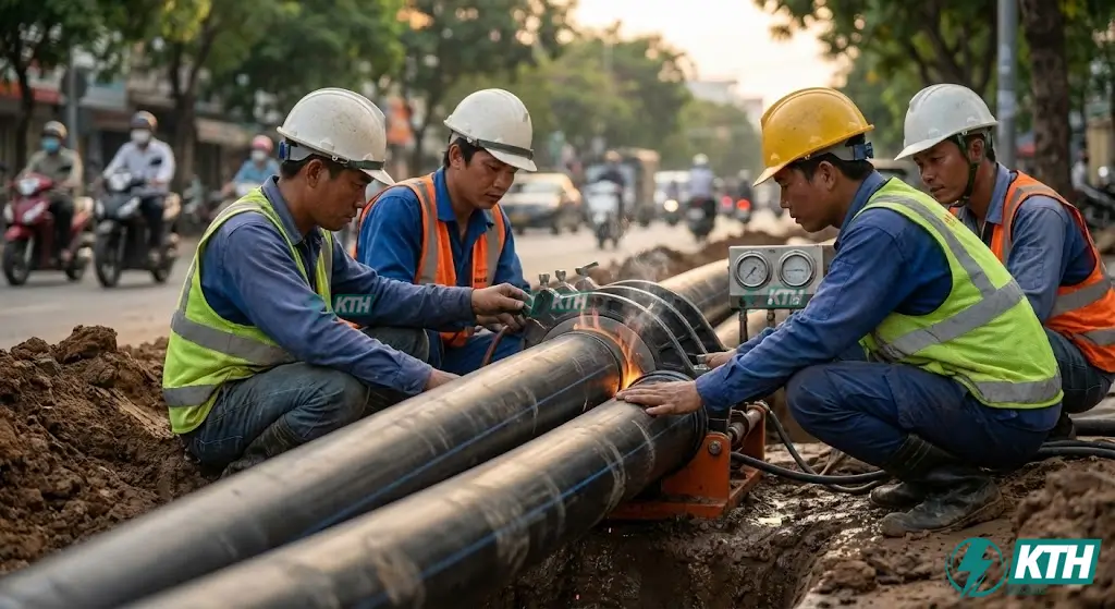 Thi công kéo bó ống HDPE D110 bằng phương pháp khoan ngầm giúp tiết kiệm chi phí và không gây cản trở giao thông đô thị.