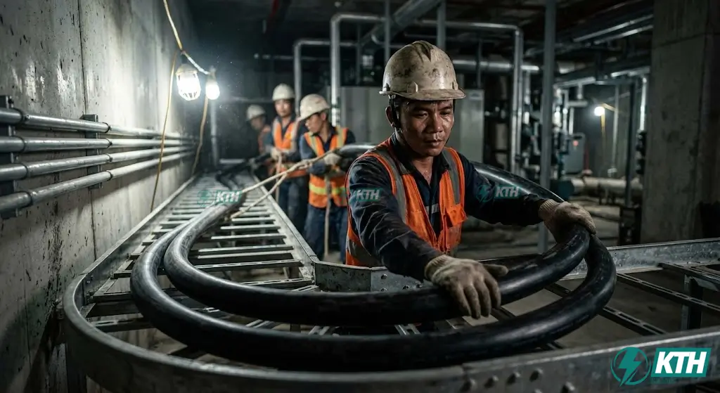 Đội ngũ kỹ thuật viên đang thi công kéo cáp điện động lực XLPE trên thang máng cáp đảm bảo bán kính uốn cong tiêu chuẩn.