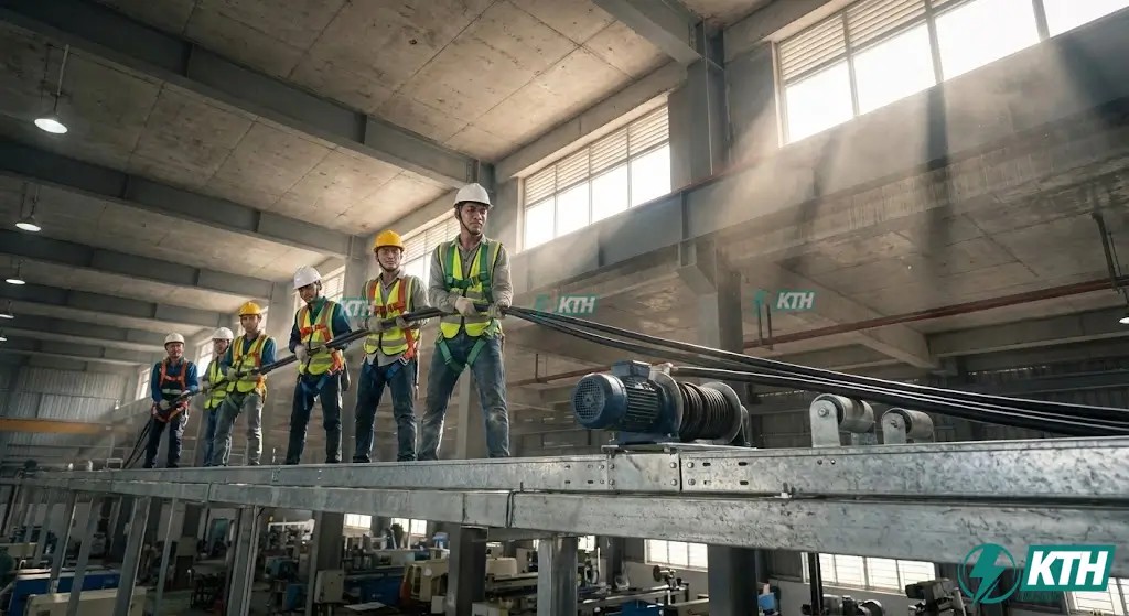 Báo Giá Thi Công Điện Công Nghiệp 2026: Trọn Gói & Chi Tiết Nhất 4 Đội ngũ thợ điện thi công kéo cáp động lực trên thang máng cáp treo trần tại nhà xưởng công nghiệp, sử dụng tời kéo chuyên dụng chống trầy xước.