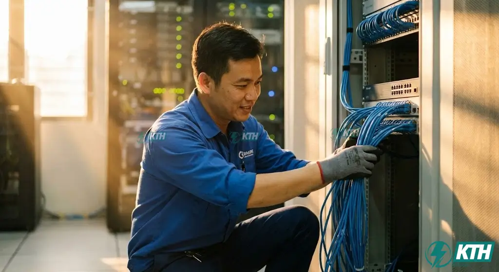 Kỹ thuật viên KTH Electric thi công lắp đặt Switch PoE vào tủ Rack Server chuyên nghiệp, đảm bảo chuẩn IEEE và thẩm mỹ hệ thống mạng cho doanh nghiệp.
