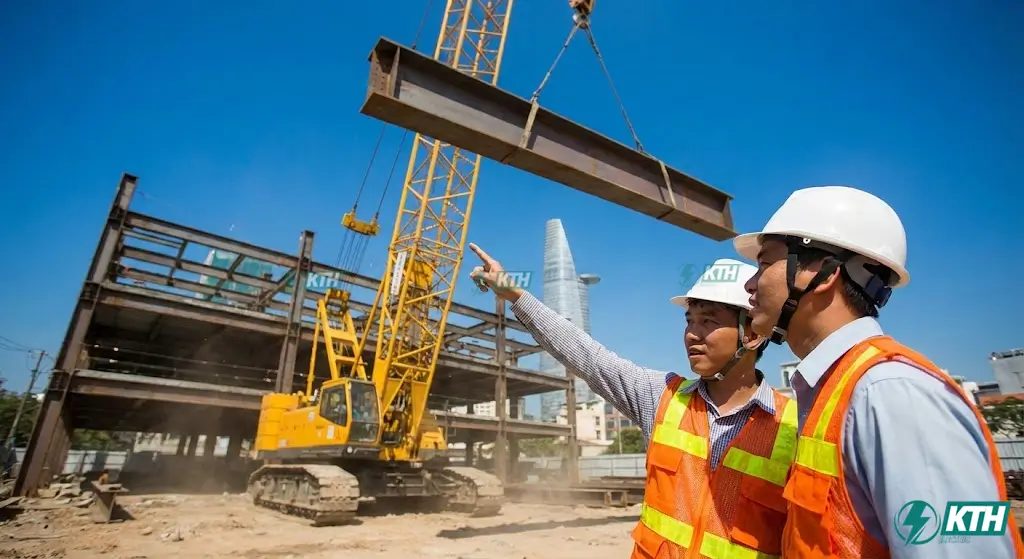 Thi công lắp dựng nhà xưởng khung thép tiền chế công nghiệp với quy trình lắp ghép bu lông nhanh chóng và an toàn.