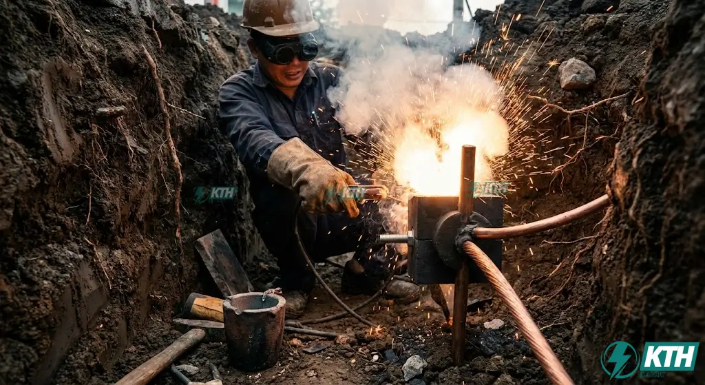 Thi Công Chống Sét Trọn Gói – Đo Điện Trở <10Ω – Báo Giá 2026 4 Thi công hàn hóa nhiệt Exoweld kết nối cọc tiếp địa và dây cáp đồng trần, đảm bảo mối nối vĩnh cửu không bị oxy hóa