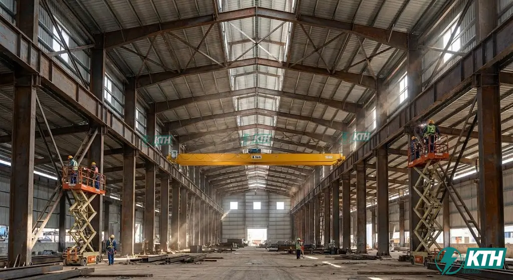 Thi công lắp dựng kết cấu thép vượt nhịp lớn có cầu trục cho nhà máy sản xuất công nghiệp.