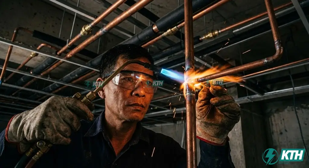 Kỹ thuật viên KTH Electric thực hiện hàn ống đồng hệ thống VRV theo tiêu chuẩn không rò rỉ khí Nitơ.