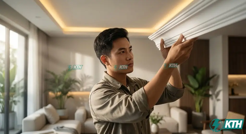 Thi công phào chỉ nhựa PU trần nhà phòng khách siêu nhẹ, chống ẩm tuyệt đối.