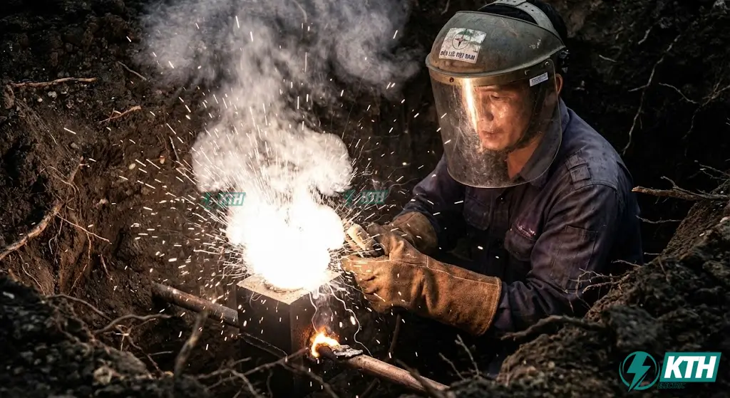 Thi công hàn hóa nhiệt hệ thống tiếp địa trạm biến áp đảm bảo điện trở nối đất an toàn dưới 4 Ohm.