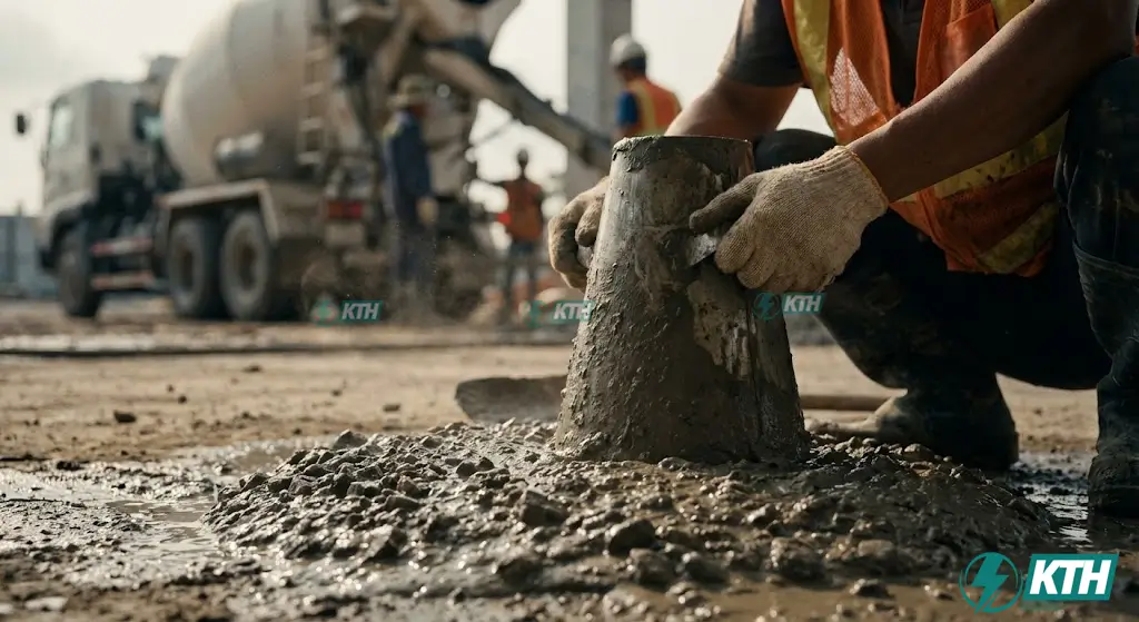 Quy trình thí nghiệm kiểm tra độ sụt bê tông tươi (Slump test) tại hiện trường trước khi đổ sàn.