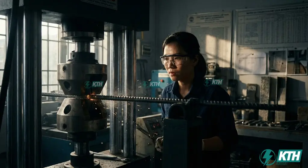 Thí nghiệm kéo nén thép xây dựng tại phòng LAS-XD để kiểm tra giới hạn chảy và độ bền kéo.